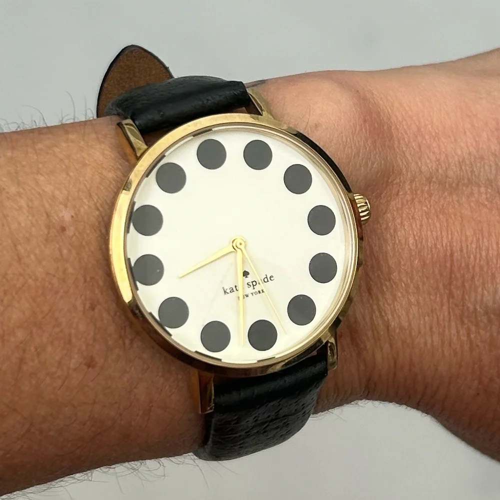 Kate Spade New York Black Dot Metro Watch Gold Tone Leather